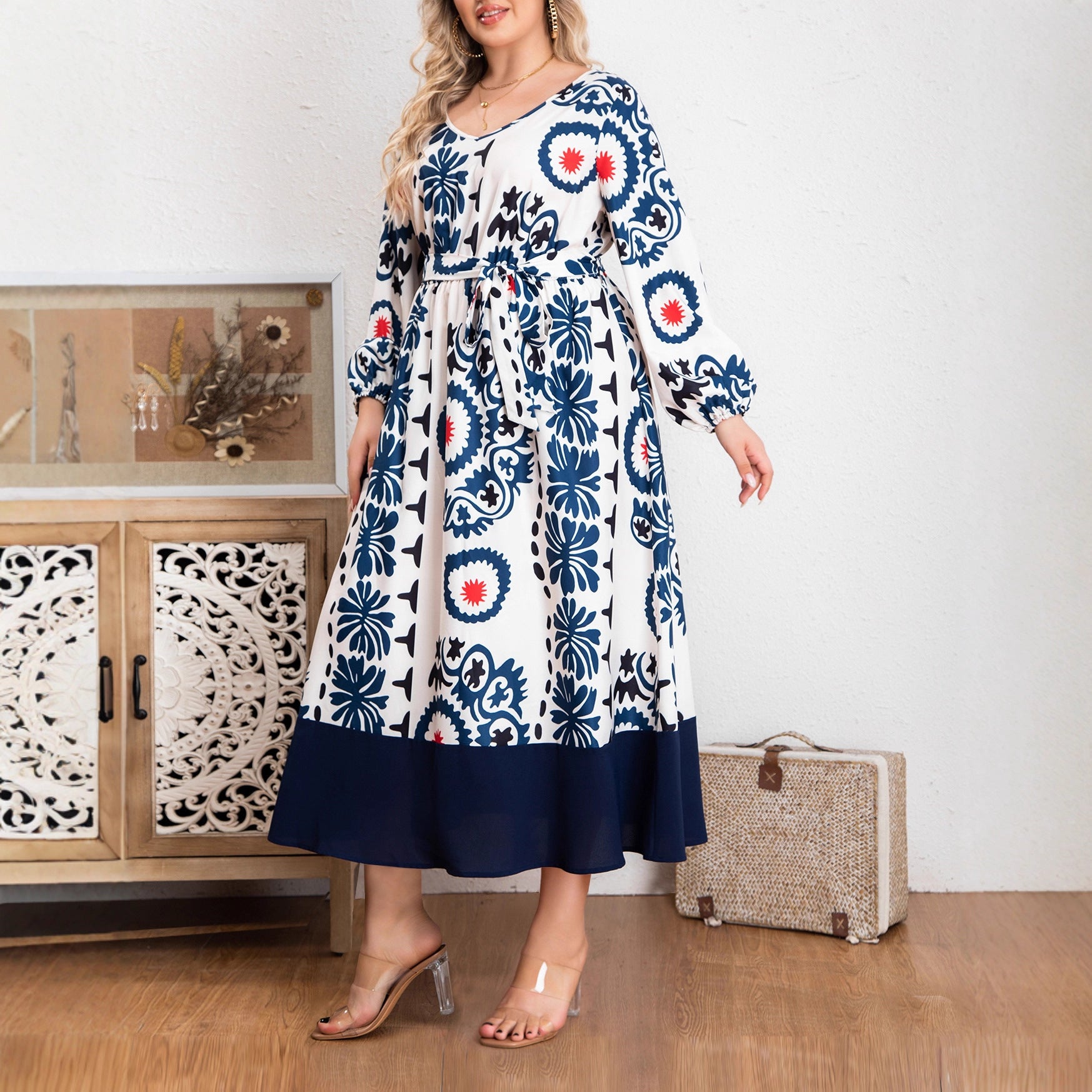 European & American Round-Neck Tie Lantern Long-Sleeve Printed  Dress