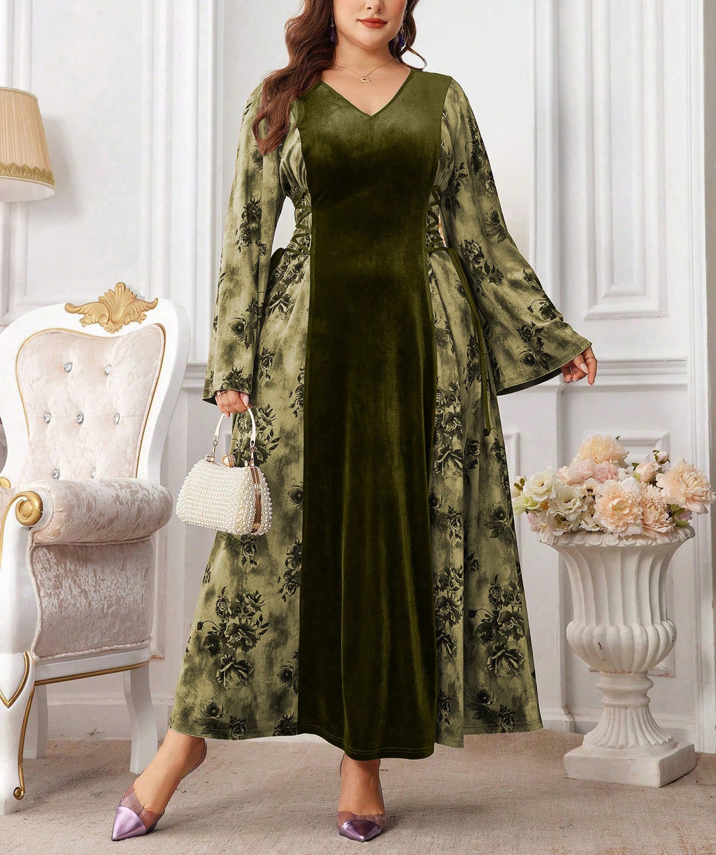 European & American Velvet Patchwork   Fashion Long Dress