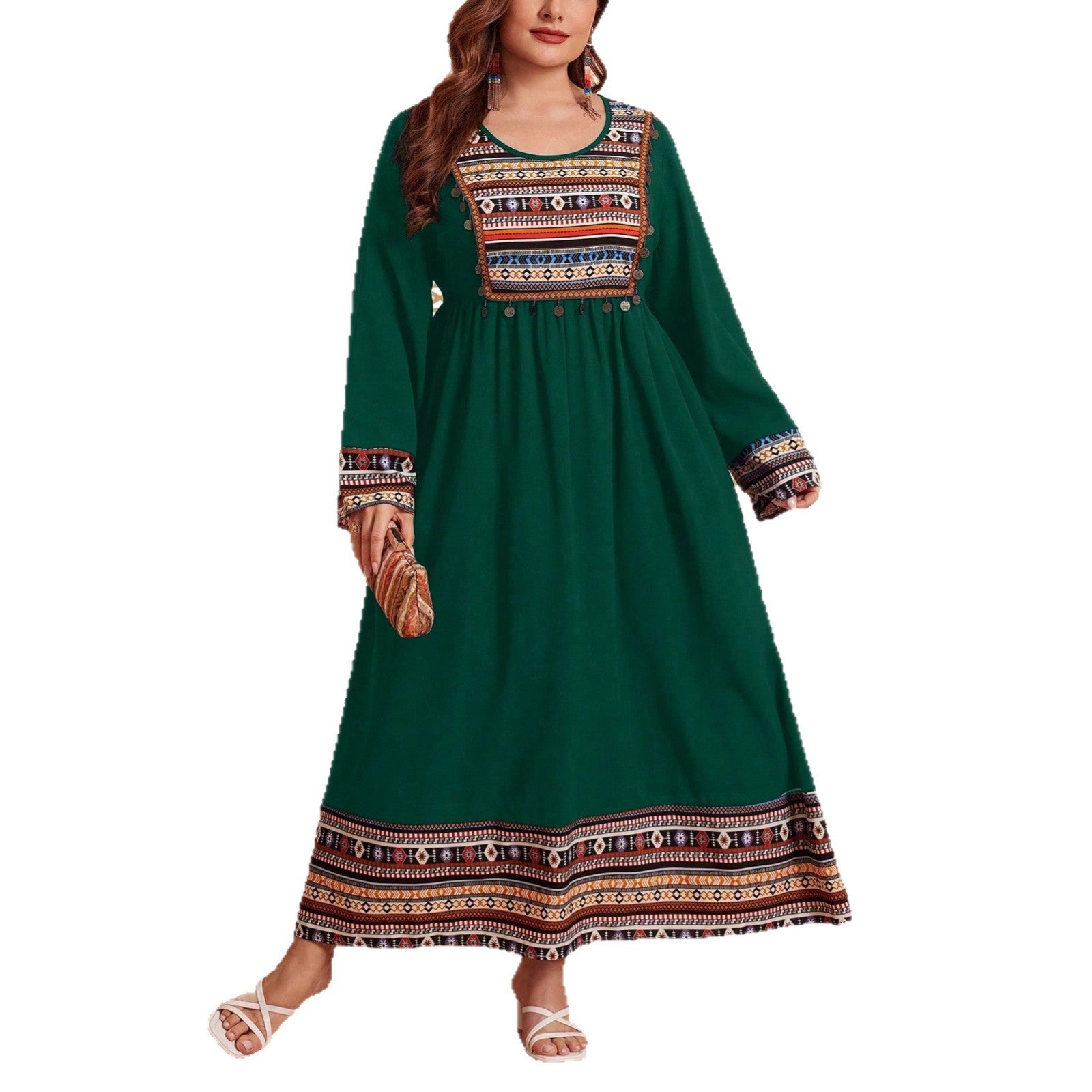 European & American Patchwork Flared Dress with Long Sleeves,