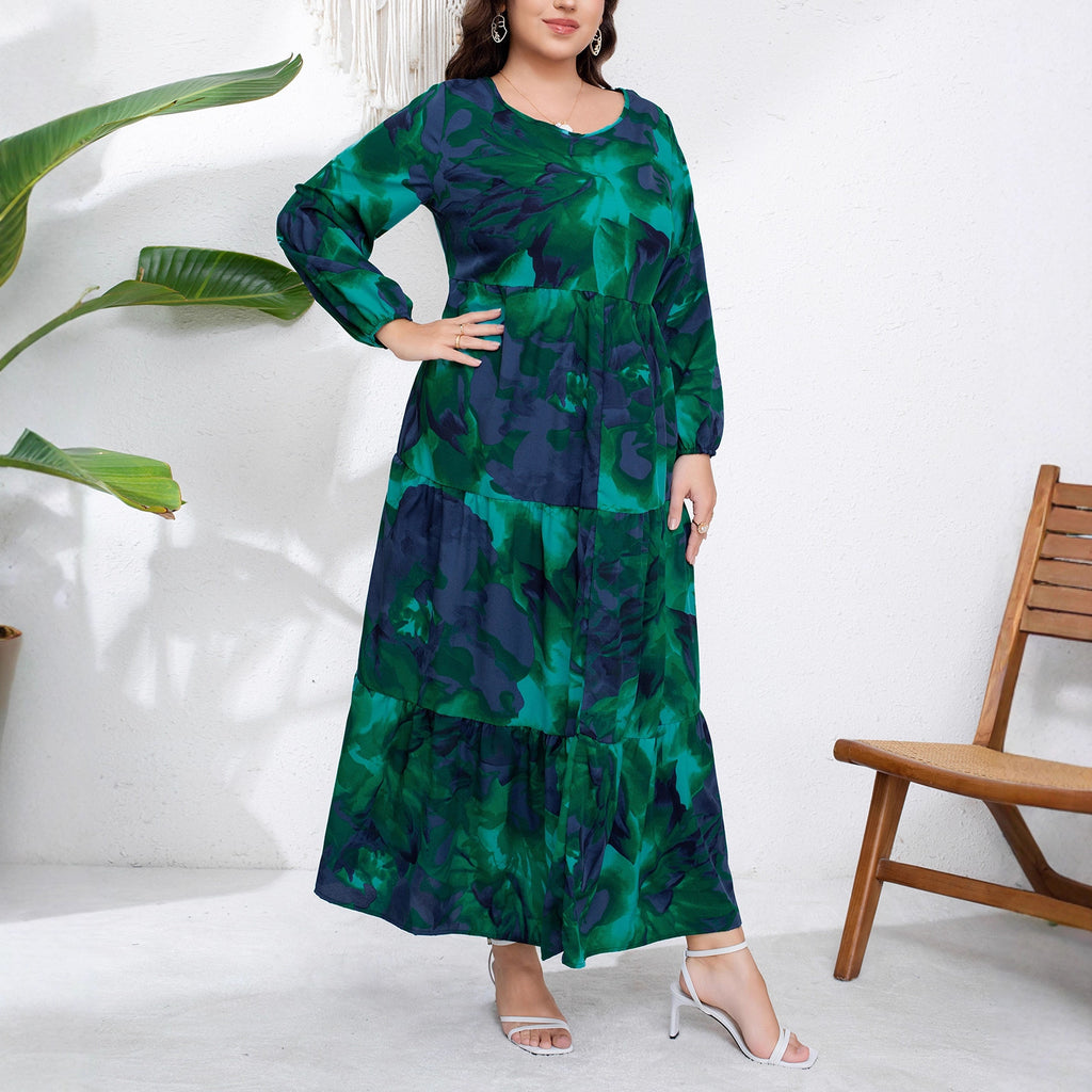 European & American Winter  V-Neck Printed Pleated Long-Sleeve Long Dress