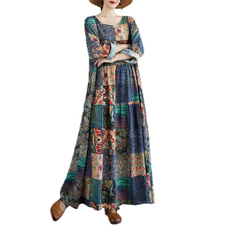 European & American Round Neck Long-Sleeved Linen Cotton Dress