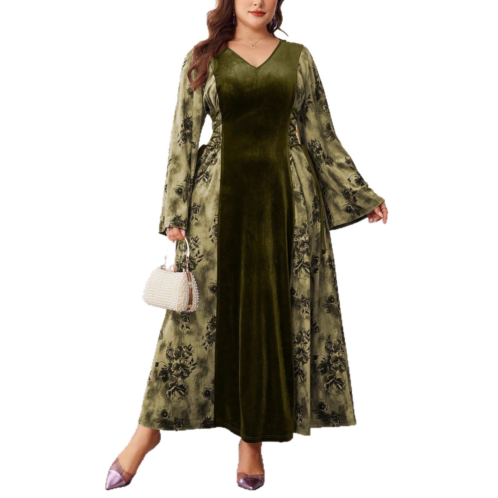 European & American Velvet Patchwork   Fashion Long Dress