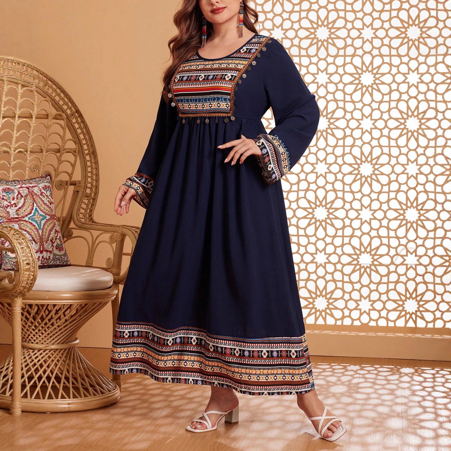 European & American Patchwork Flared Dress with Long Sleeves,