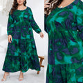 European & American Winter  V-Neck Printed Pleated Long-Sleeve Long Dress