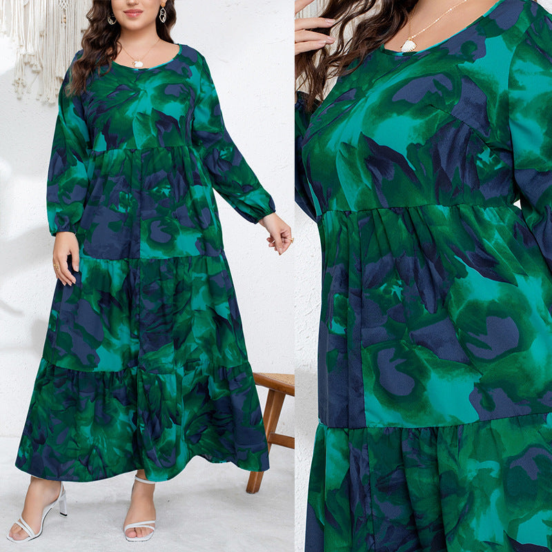 European & American Winter  V-Neck Printed Pleated Long-Sleeve Long Dress