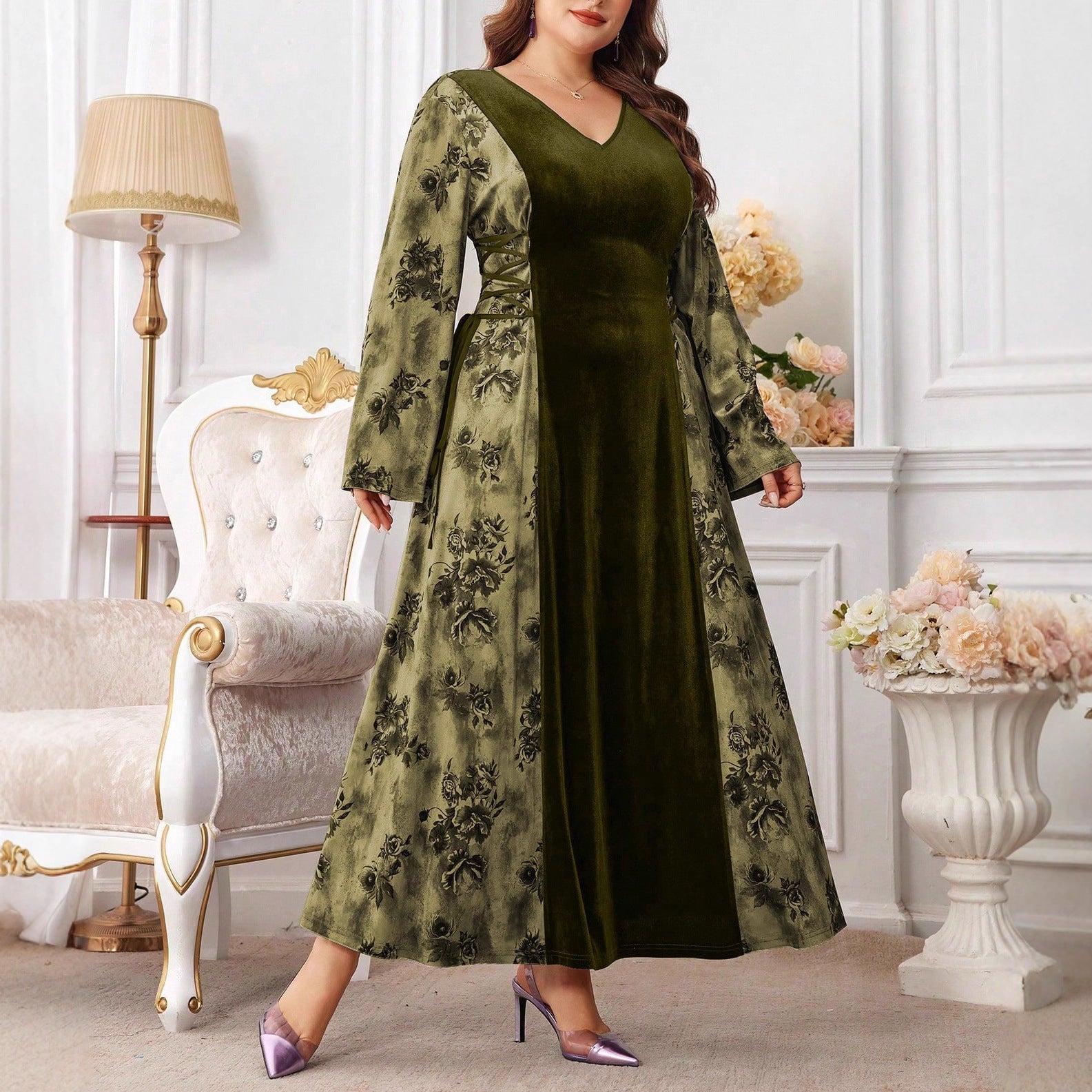 European & American Velvet Patchwork   Fashion Long Dress