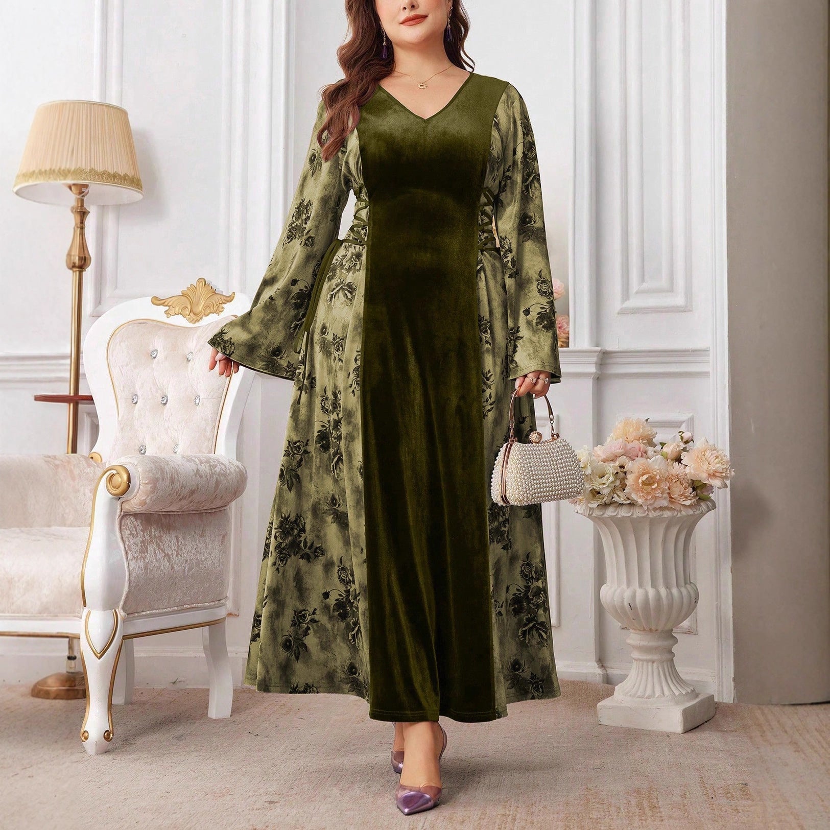 European & American Velvet Patchwork   Fashion Long Dress