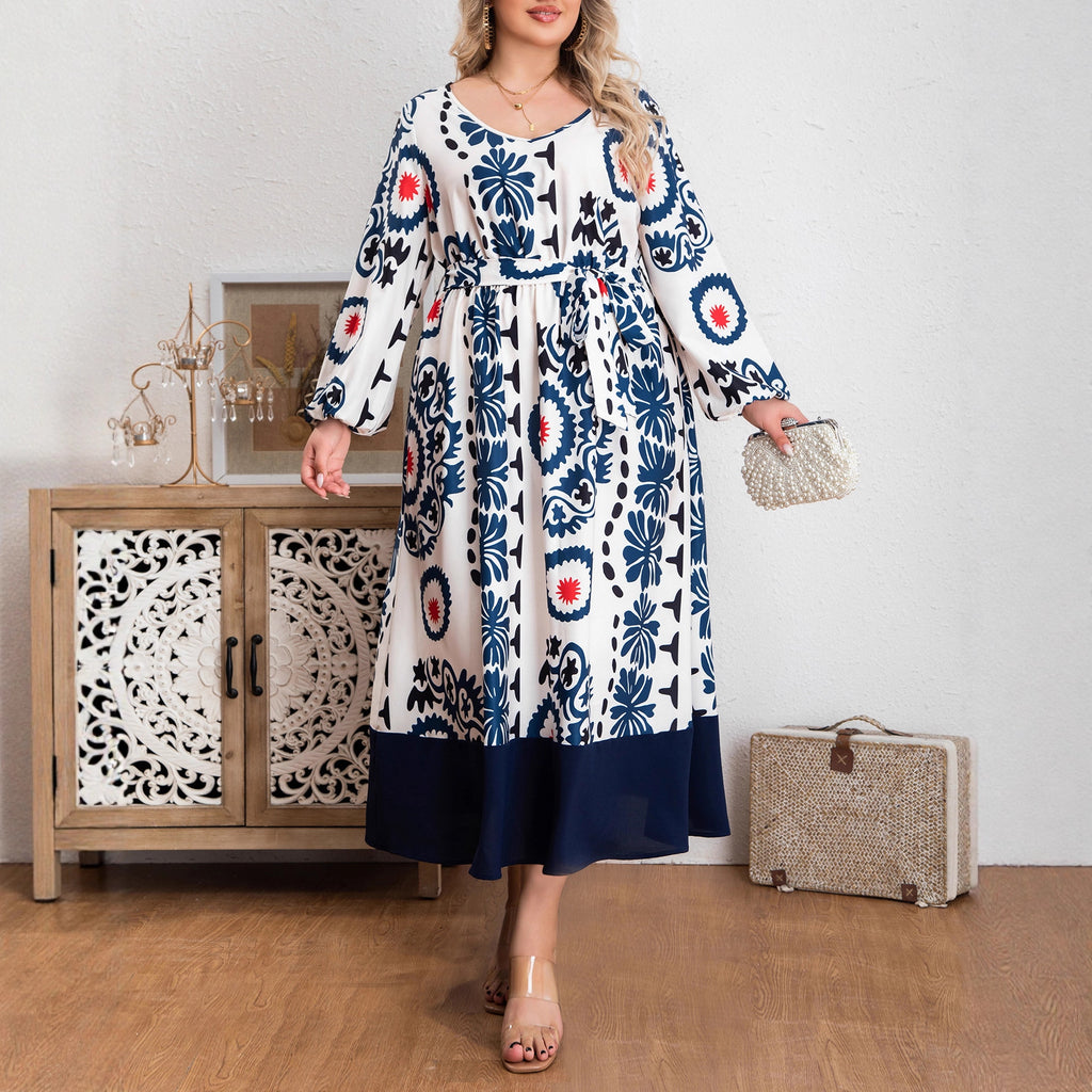 European & American Round-Neck Tie Lantern Long-Sleeve Printed  Dress