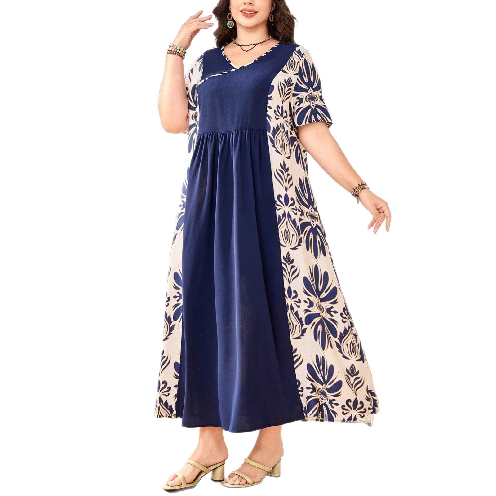 Europen & American Round Neck Short-Sleeved Large Hem Dress