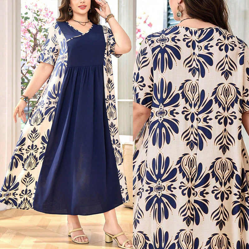 Europen & American Round Neck Short-Sleeved Large Hem Dress