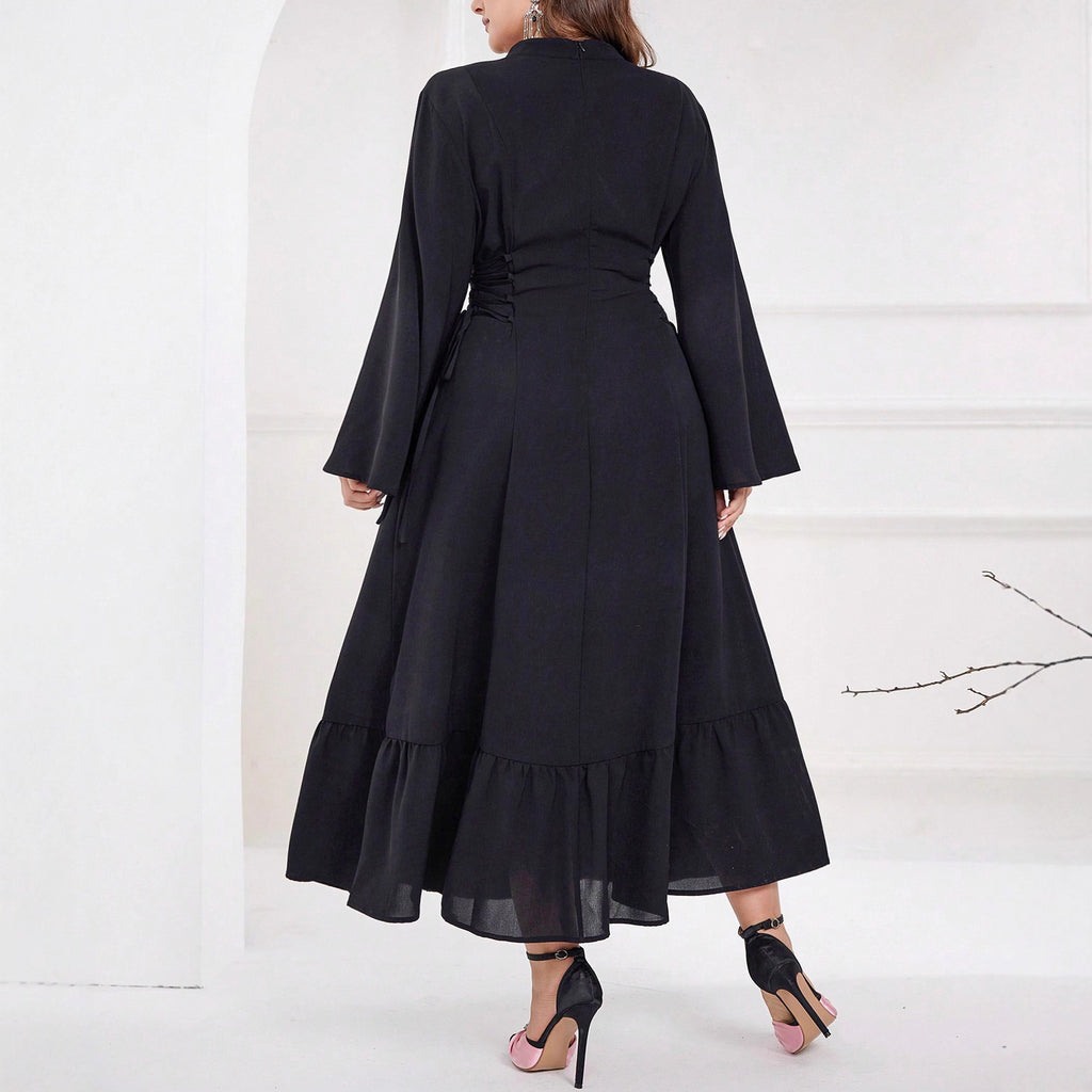 European & American Long-Sleeve Jacquard V-Neck Dress