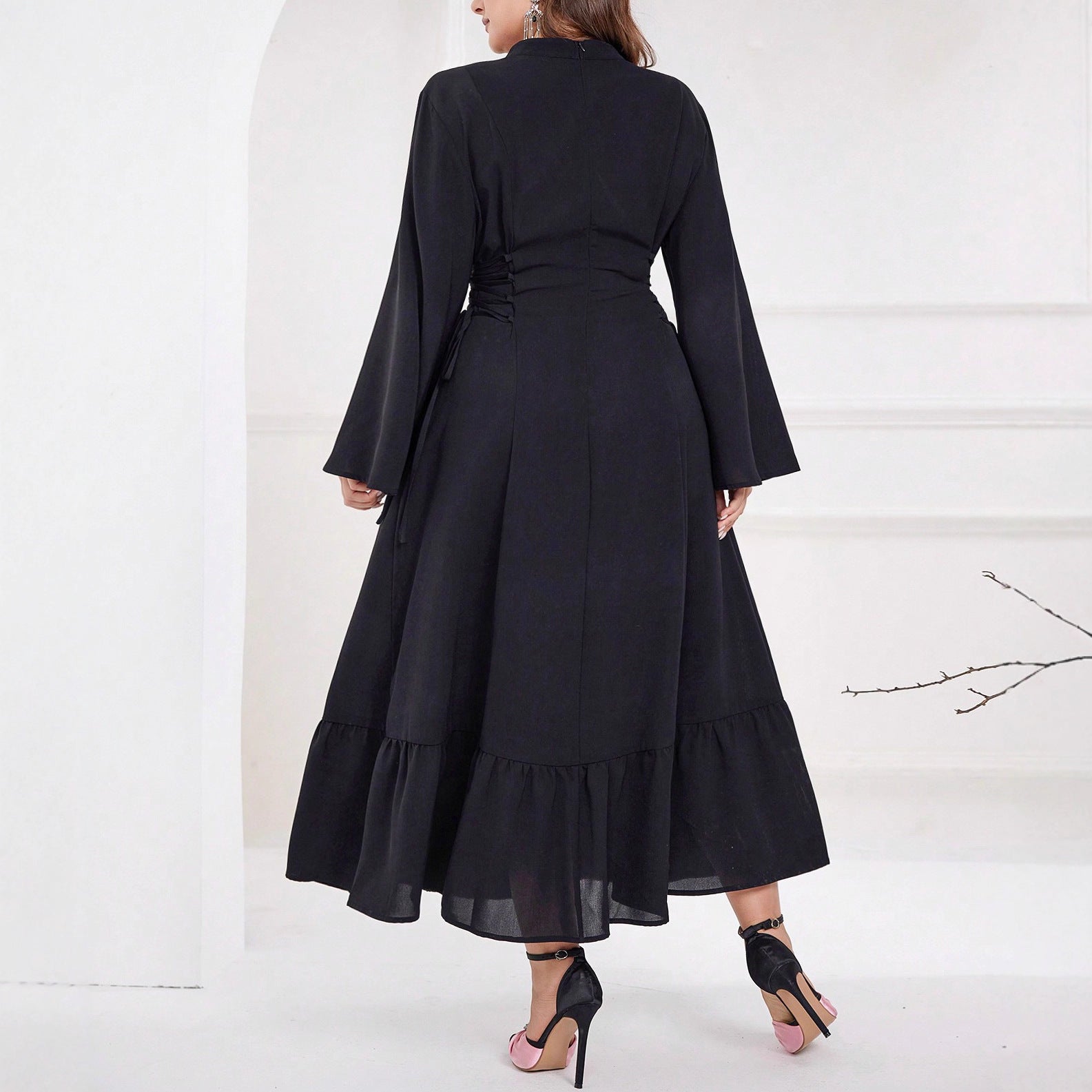 European & American Long-Sleeve Jacquard V-Neck Dress