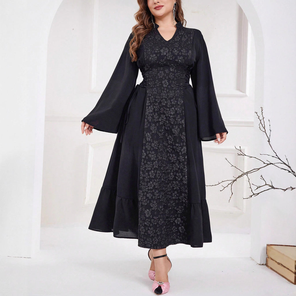 European & American Long-Sleeve Jacquard V-Neck Dress