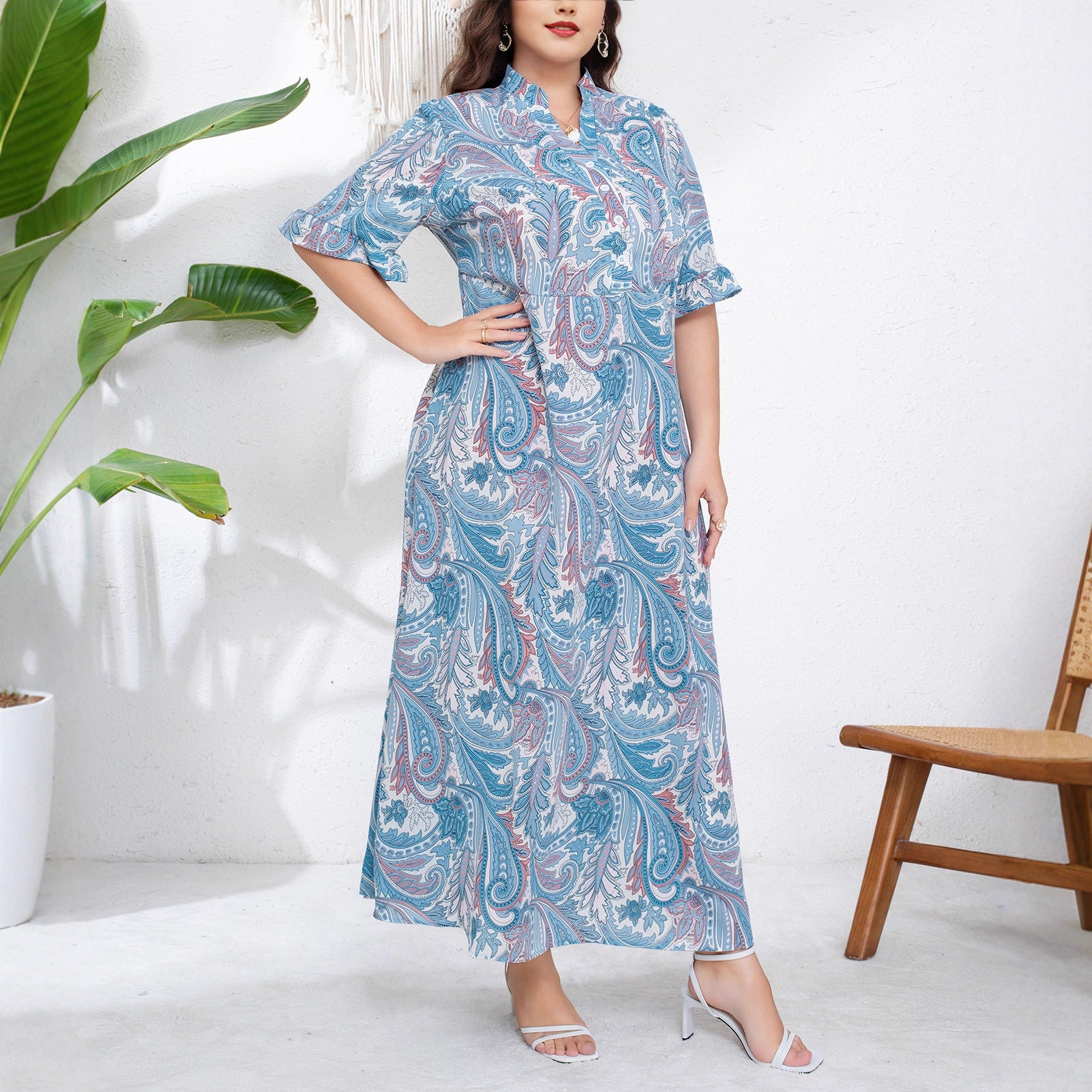 European & American Collar Short-Sleeved Lace-Up Waist Long Skirt