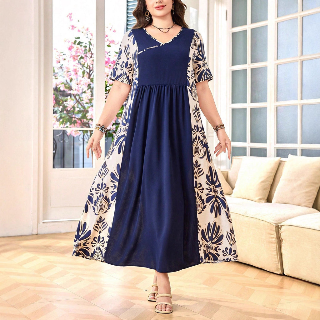 Europen & American Round Neck Short-Sleeved Large Hem Dress