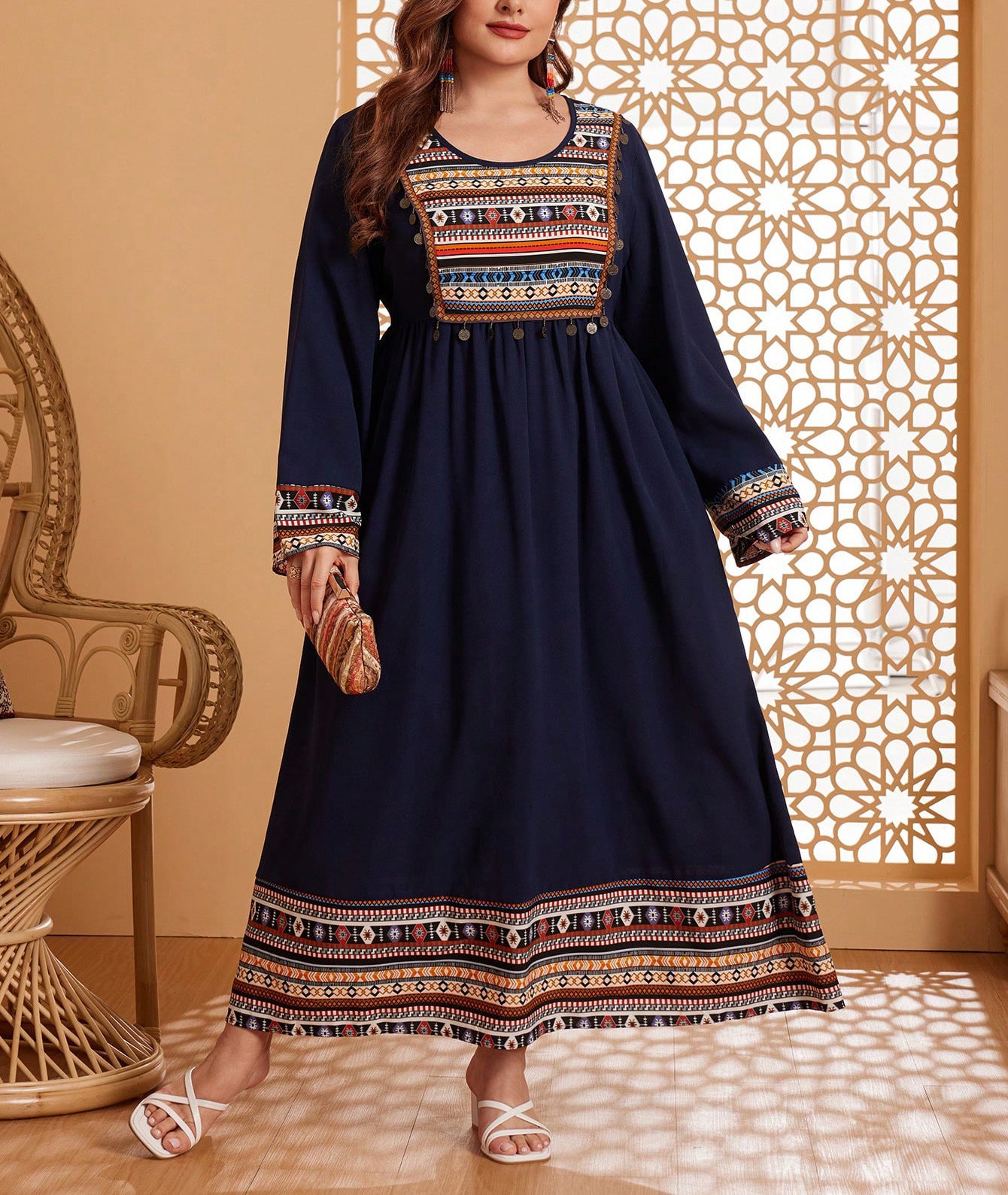 European & American Patchwork Flared Dress with Long Sleeves,