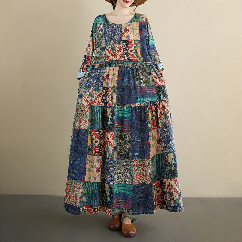 European & American Round Neck Long-Sleeved Linen Cotton Dress