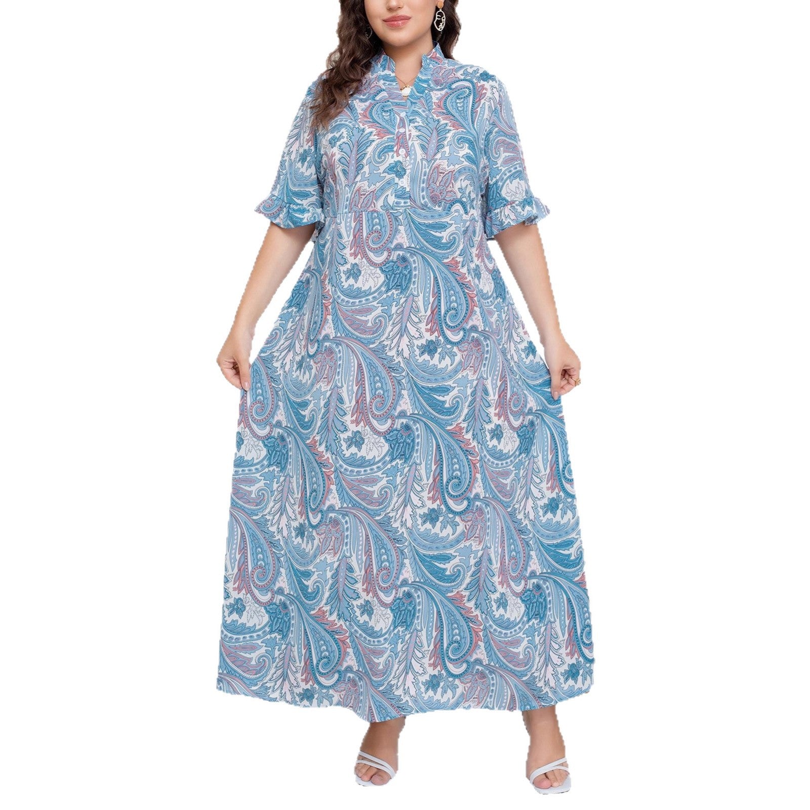 European & American Collar Short-Sleeved Lace-Up Waist Long Skirt