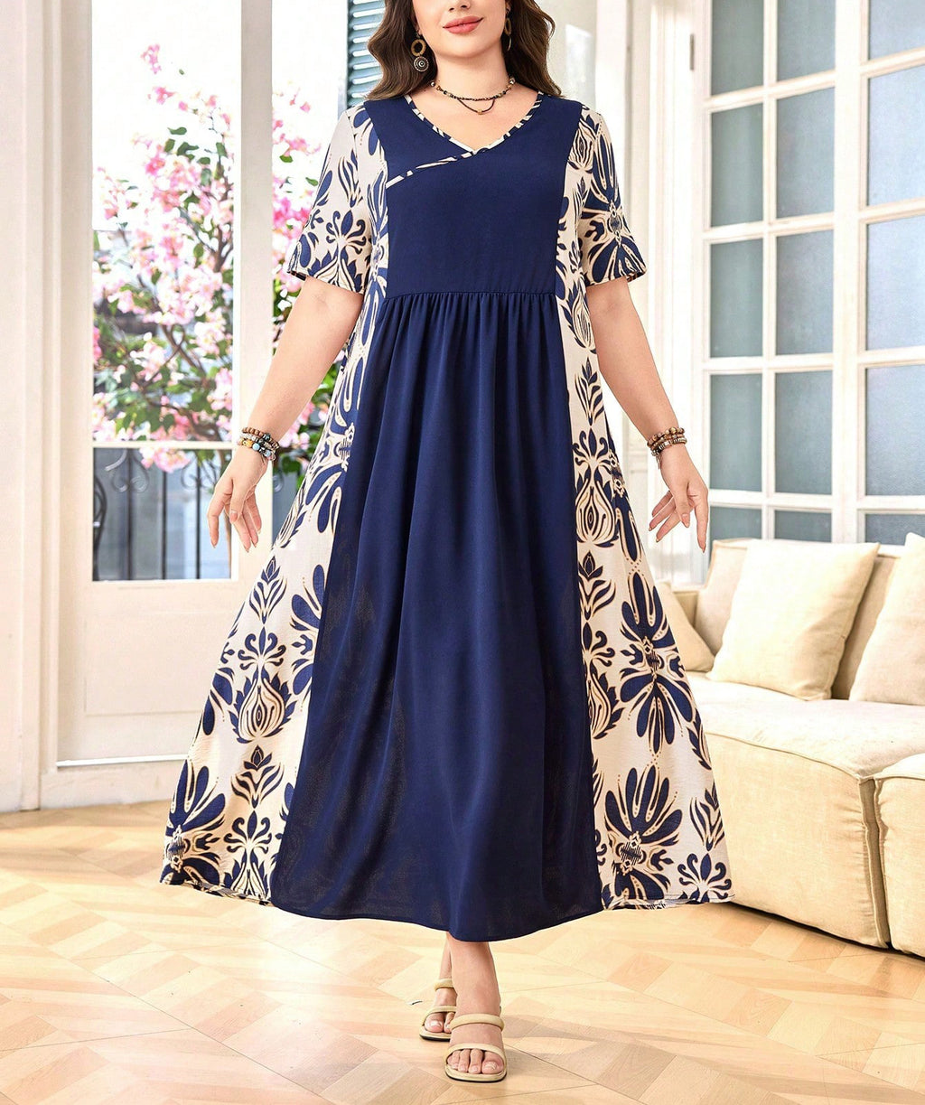 Europen & American Round Neck Short-Sleeved Large Hem Dress