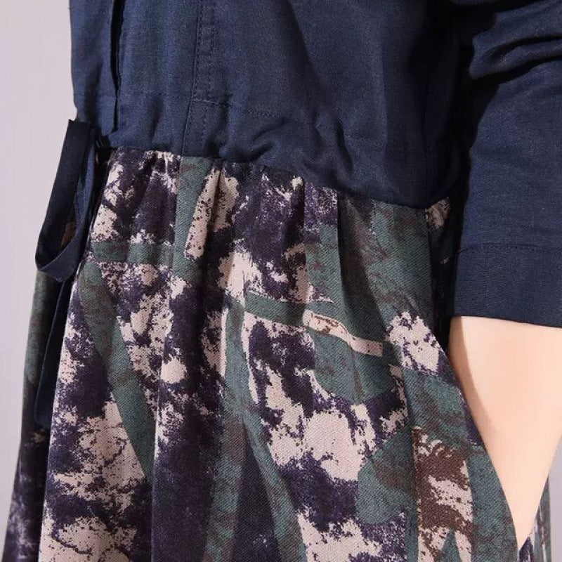 European & American   Mid-Length  Slim Printed Cotton and Linen  Dress