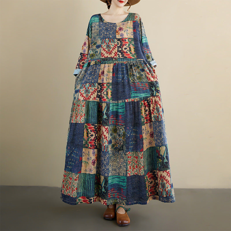 European & American Round Neck Long-Sleeved Linen Cotton Dress