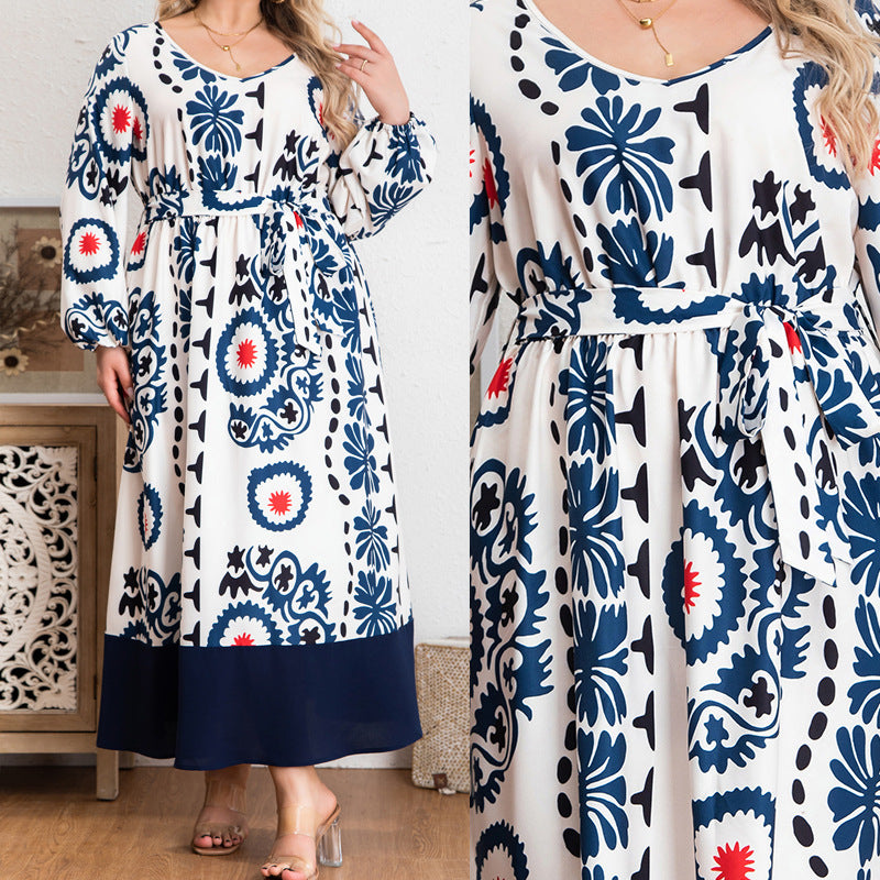 European & American Round-Neck Tie Lantern Long-Sleeve Printed  Dress