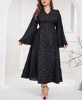 European & American Long-Sleeve Jacquard V-Neck Dress