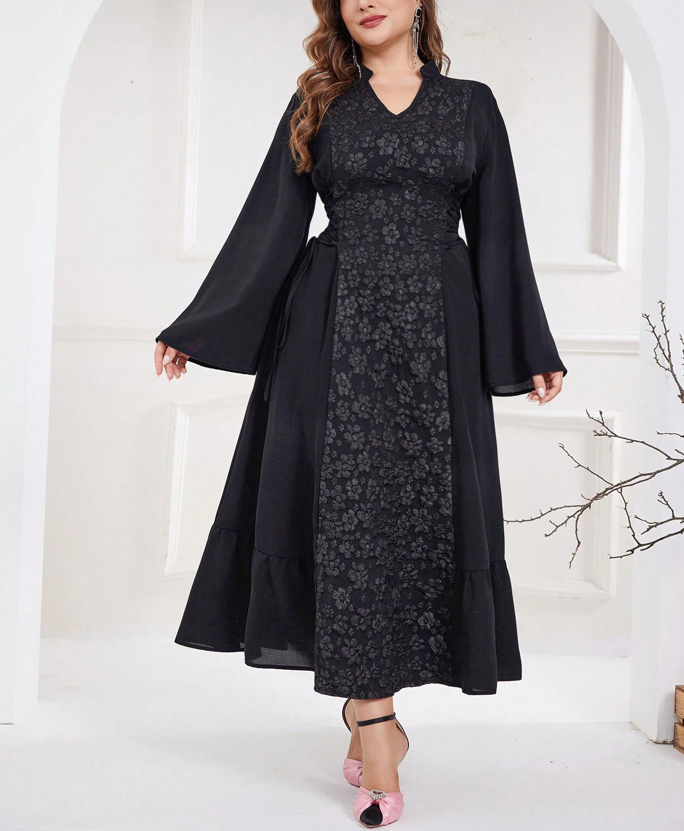 European & American Long-Sleeve Jacquard V-Neck Dress