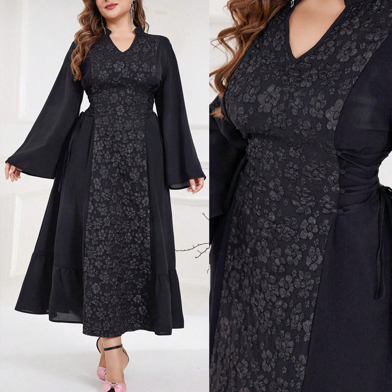 European & American Long-Sleeve Jacquard V-Neck Dress