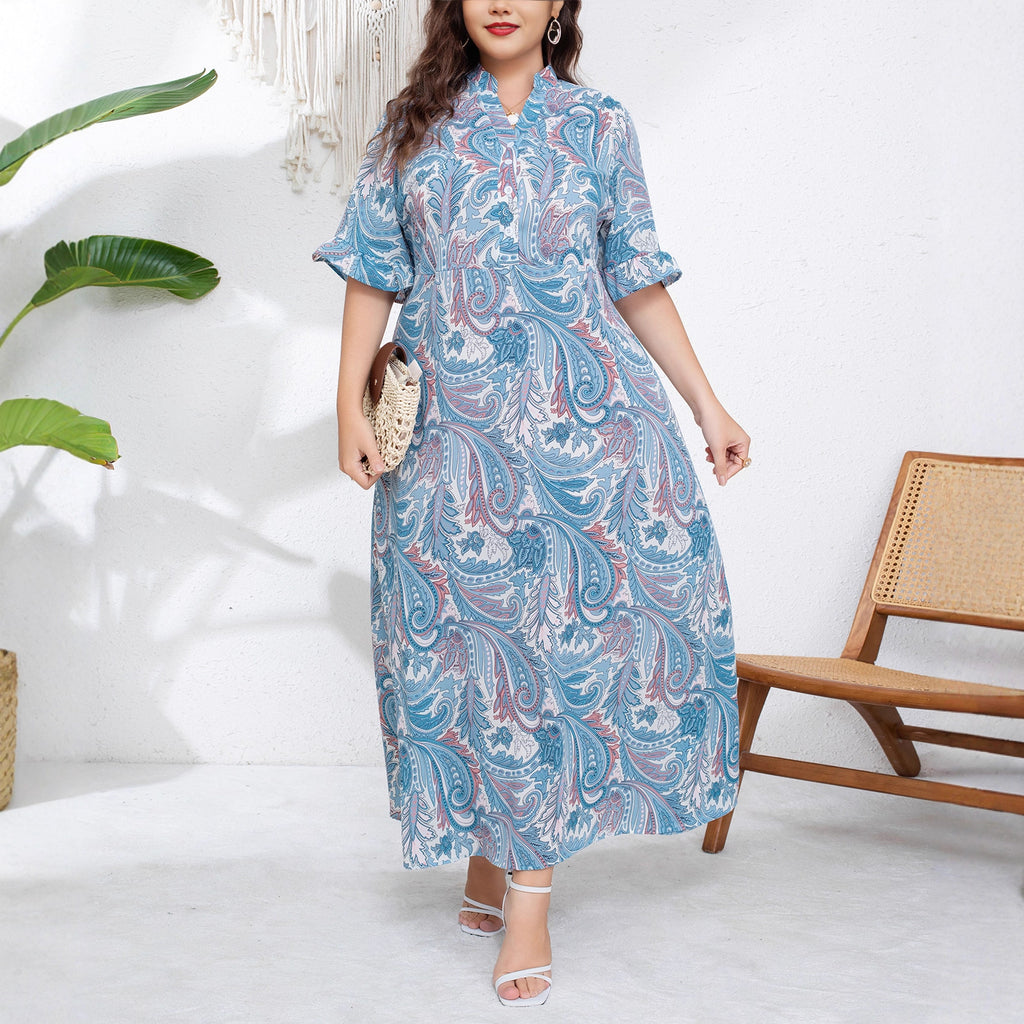European & American Collar Short-Sleeved Lace-Up Waist Long Skirt