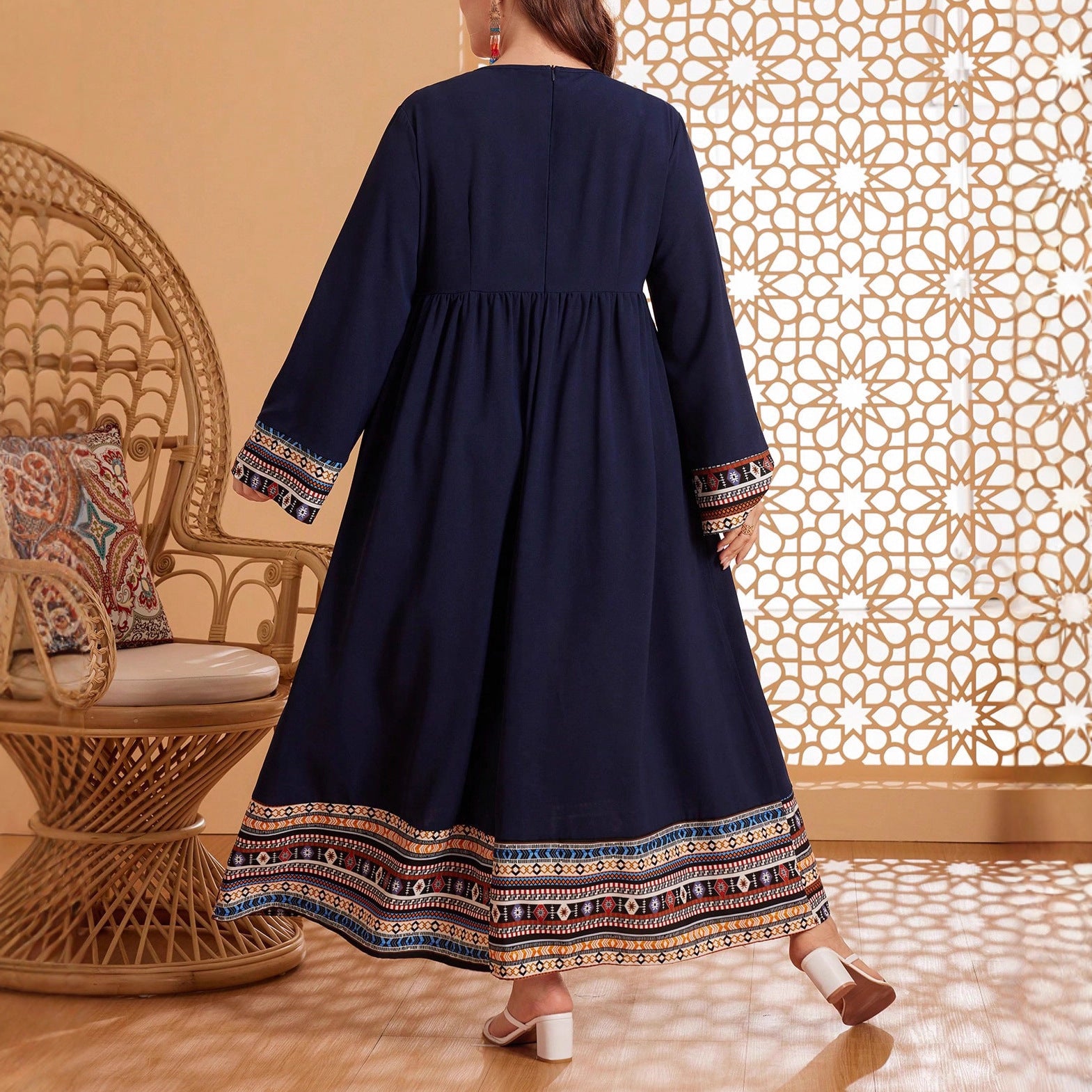 European & American Patchwork Flared Dress with Long Sleeves,