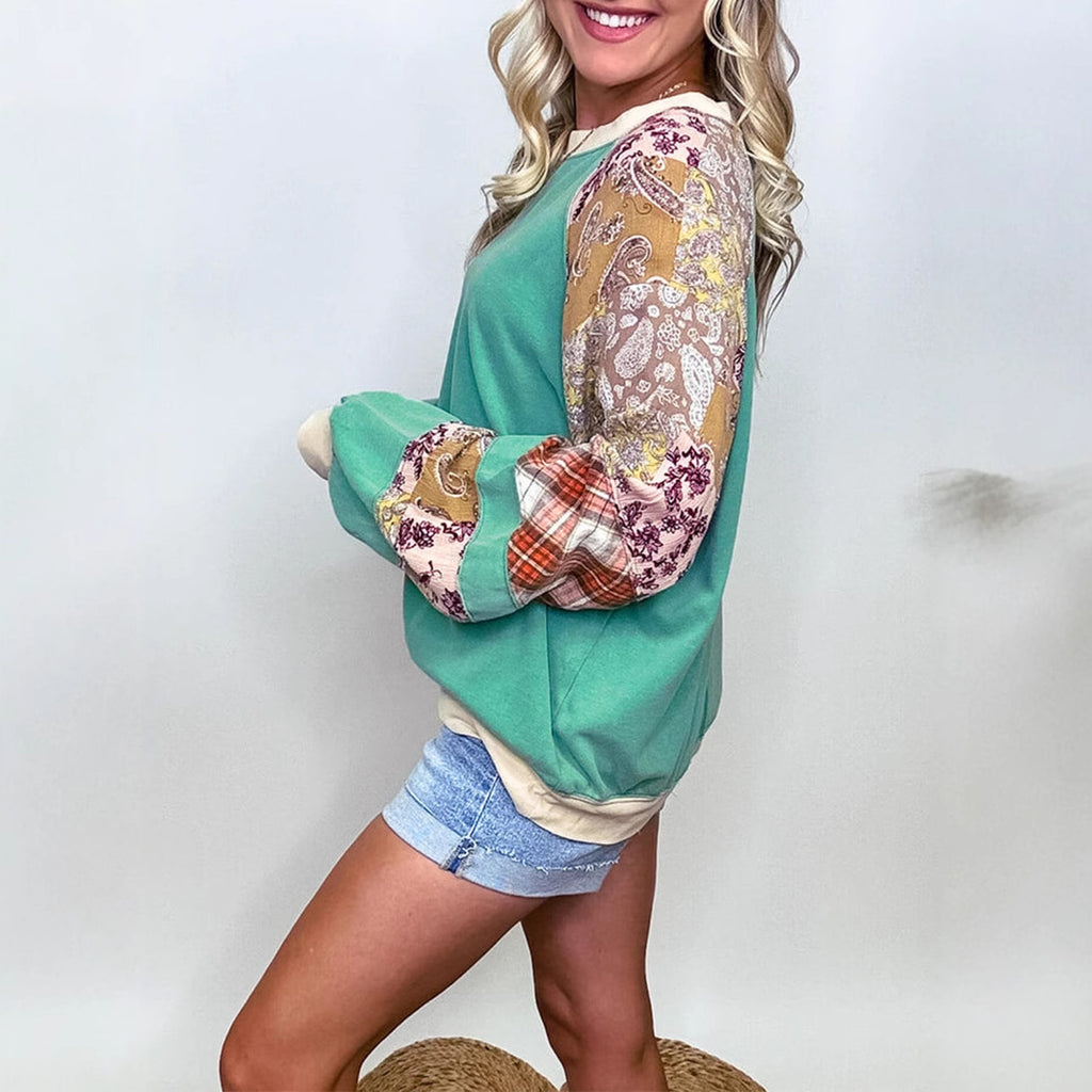 European & American Loose Floral Patchwork Long-Sleeved Women's Tops