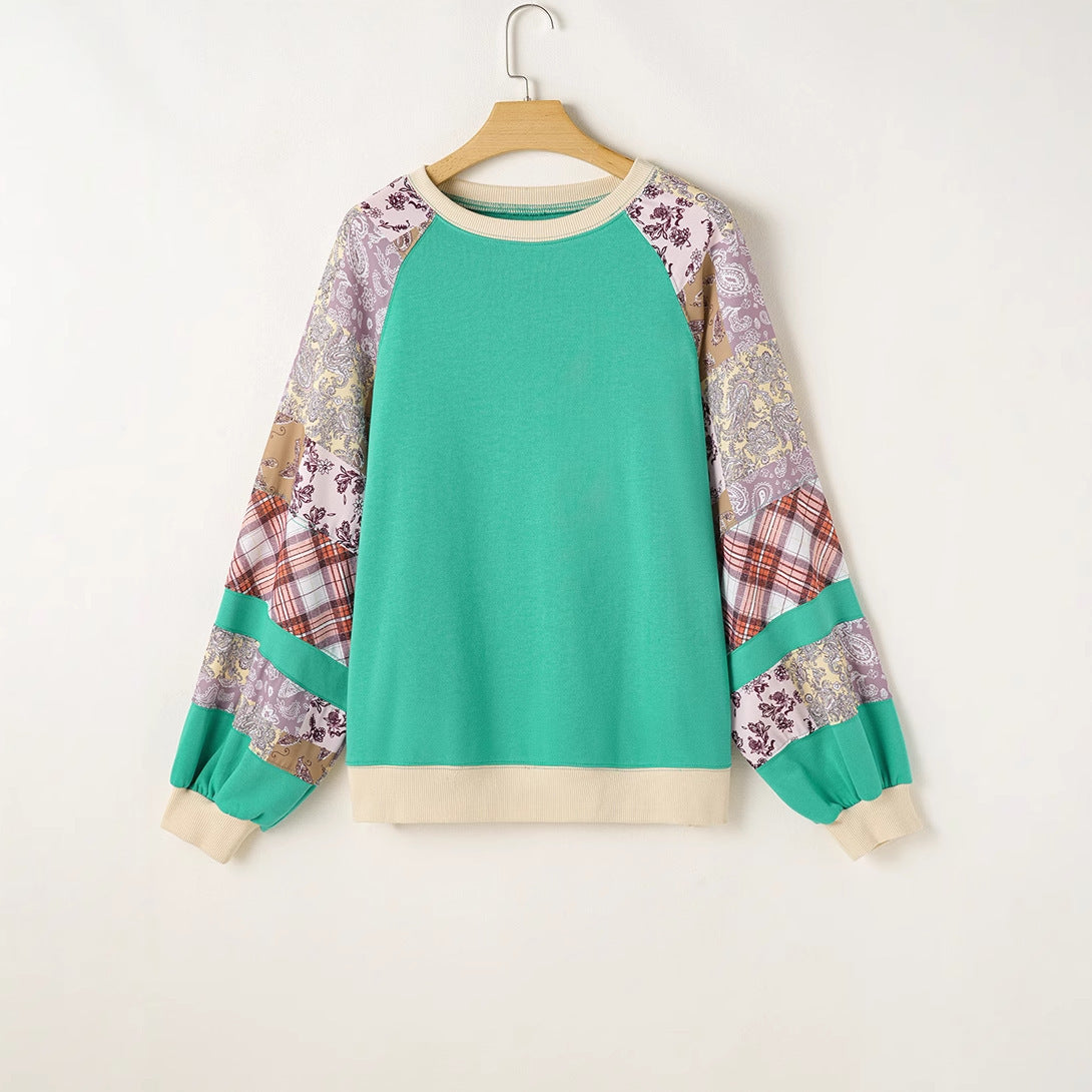 European & American Loose Floral Patchwork Long-Sleeved Women's Tops