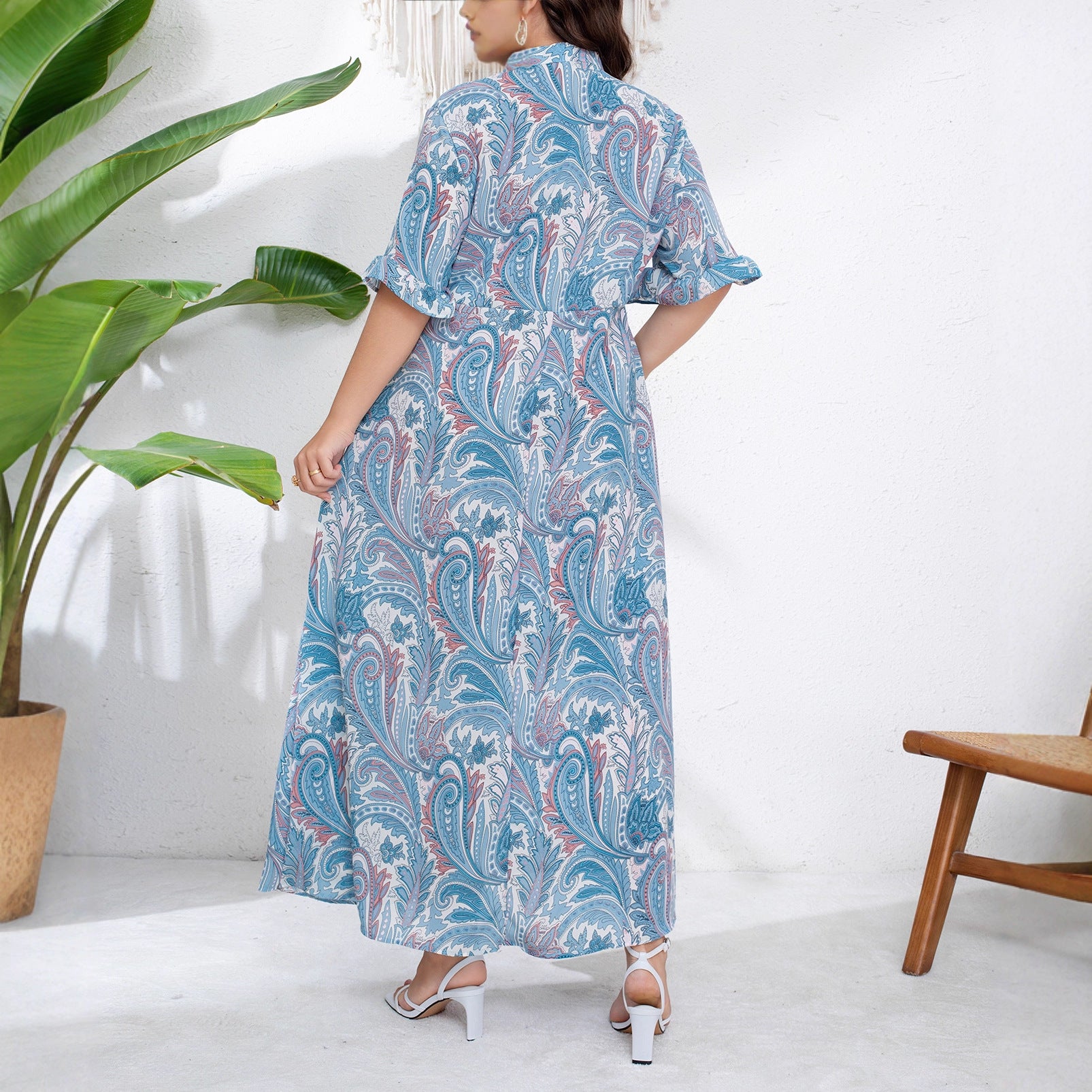 European & American Collar Short-Sleeved Lace-Up Waist Long Skirt