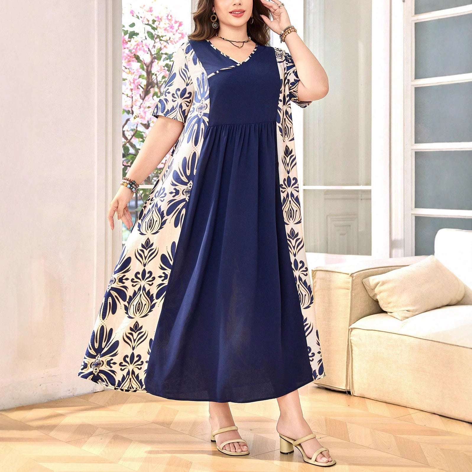 Europen & American Round Neck Short-Sleeved Large Hem Dress