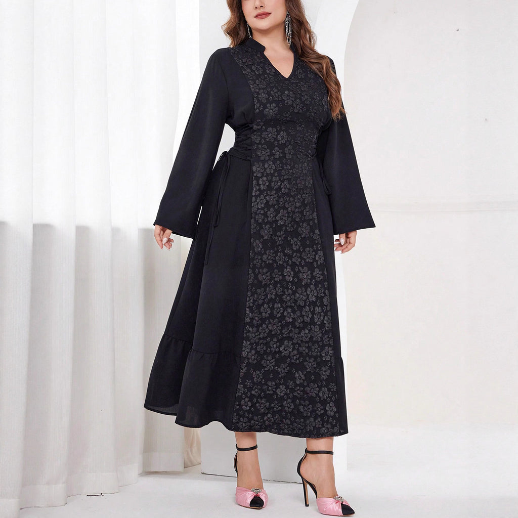 European & American Long-Sleeve Jacquard V-Neck Dress