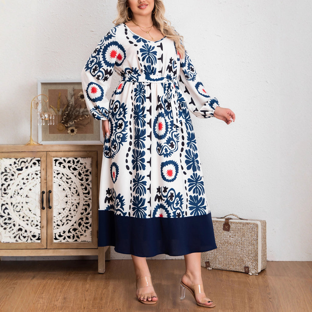 European & American Round-Neck Tie Lantern Long-Sleeve Printed  Dress