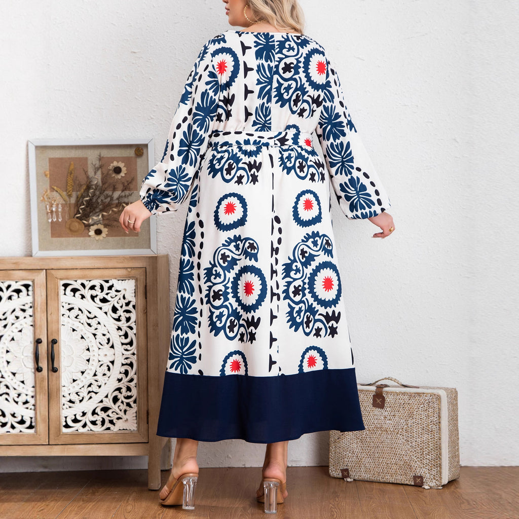 European & American Round-Neck Tie Lantern Long-Sleeve Printed  Dress