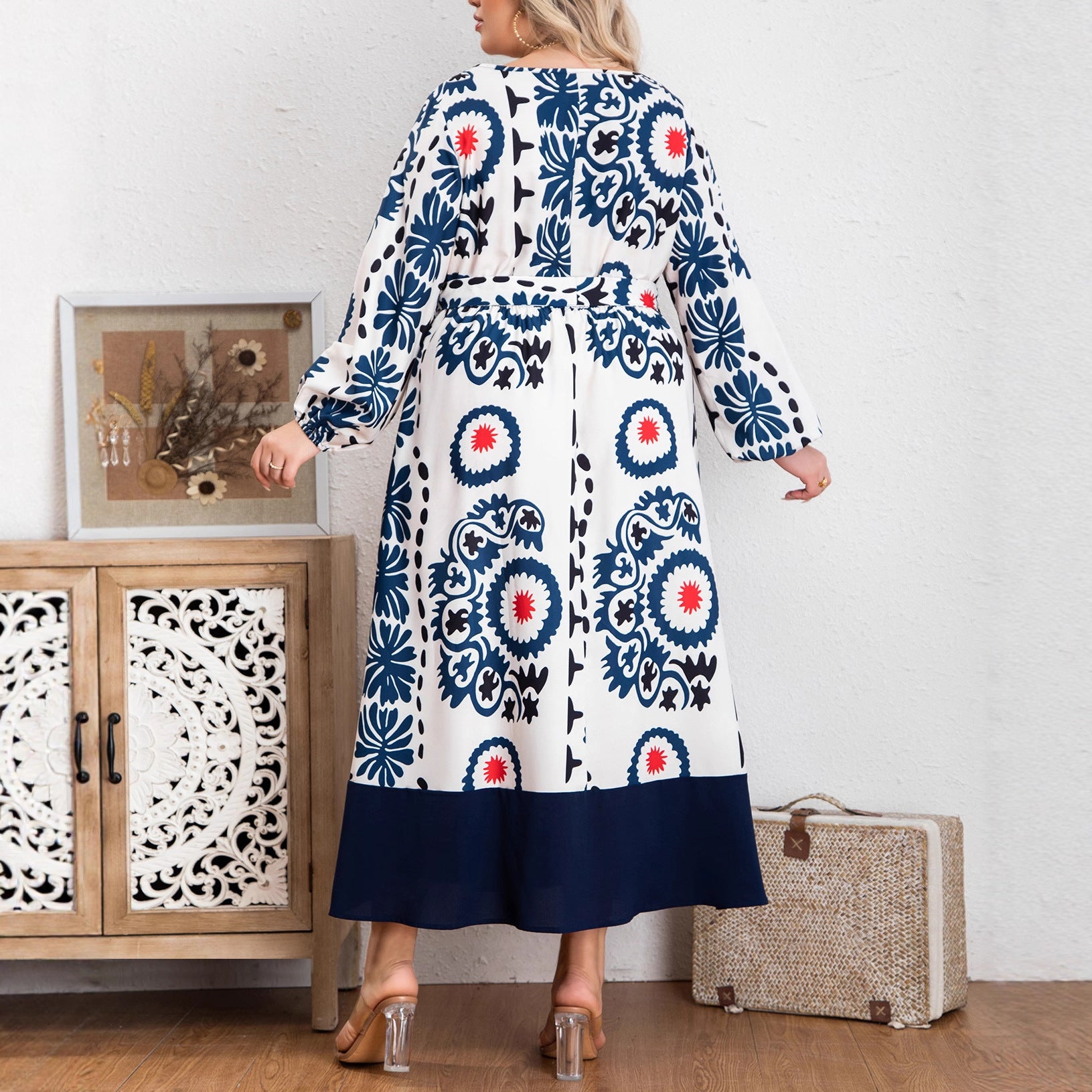 European & American Round-Neck Tie Lantern Long-Sleeve Printed  Dress