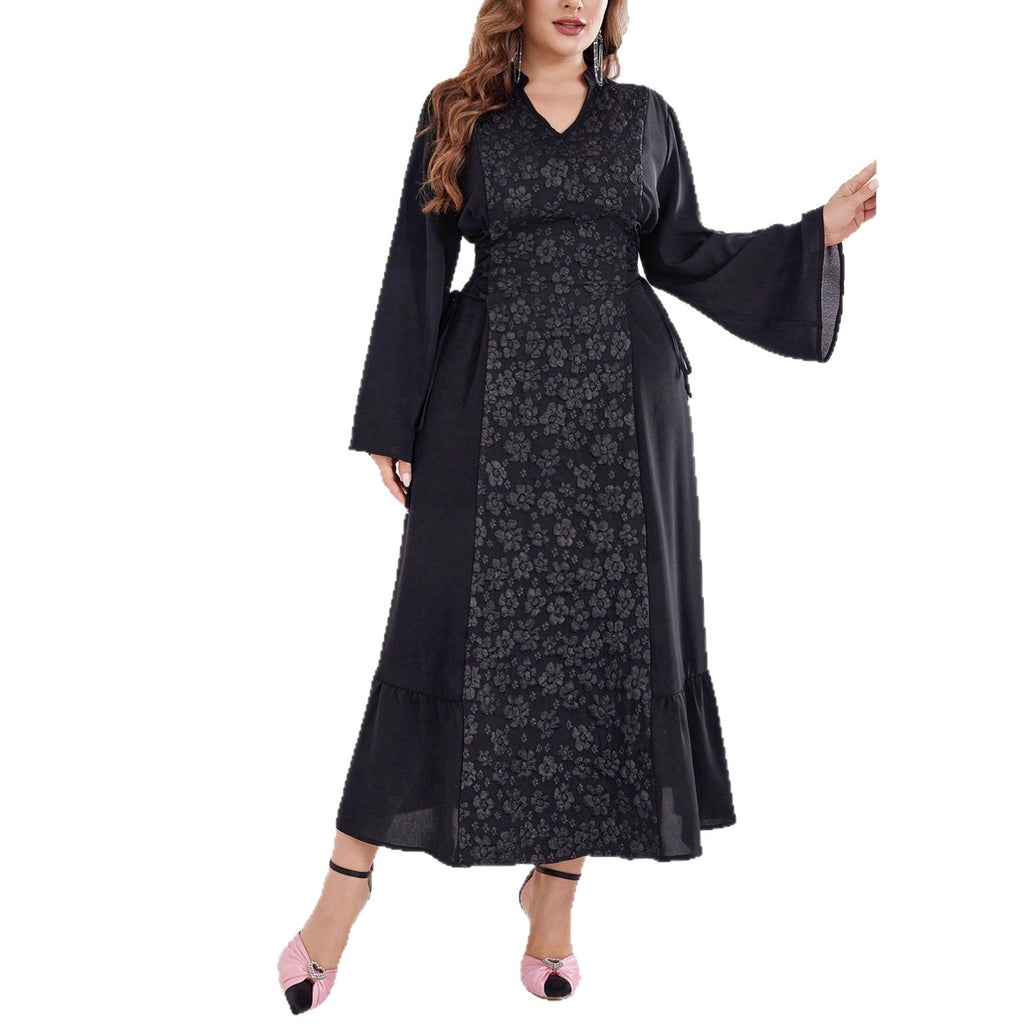 European & American Long-Sleeve Jacquard V-Neck Dress