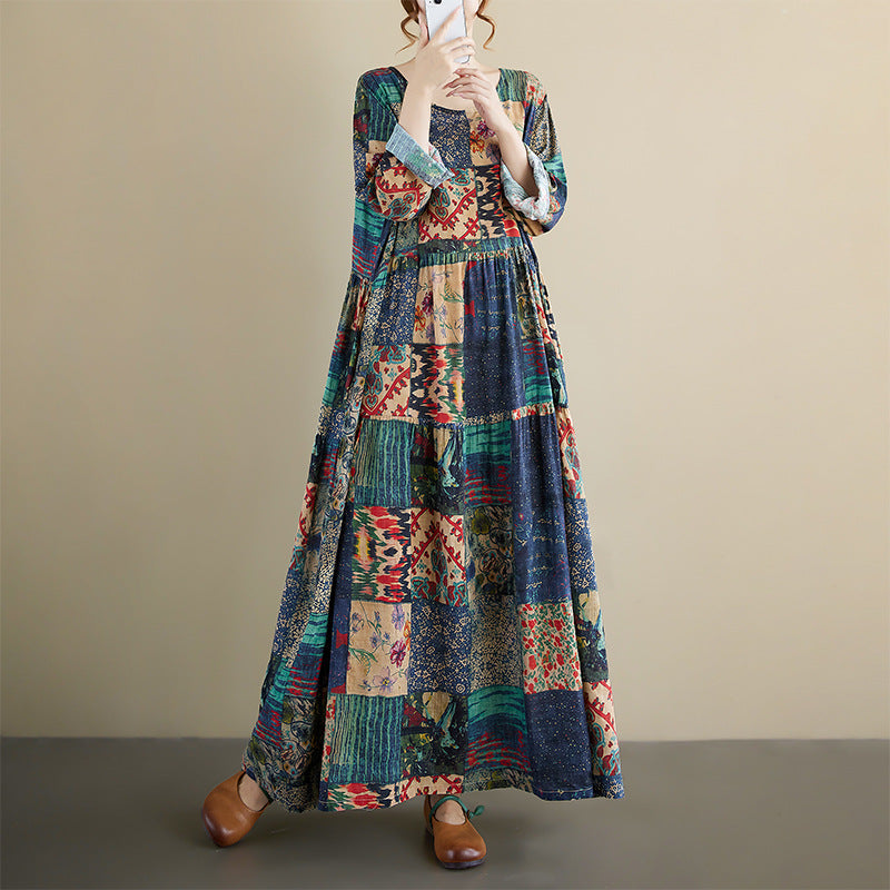 European & American Round Neck Long-Sleeved Linen Cotton Dress