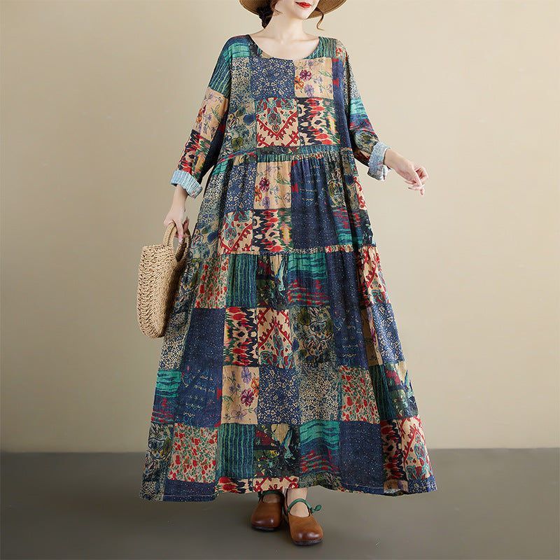 European & American Round Neck Long-Sleeved Linen Cotton Dress