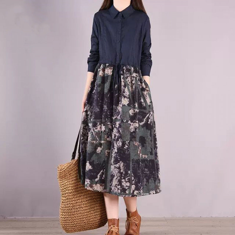 European & American   Mid-Length  Slim Printed Cotton and Linen  Dress