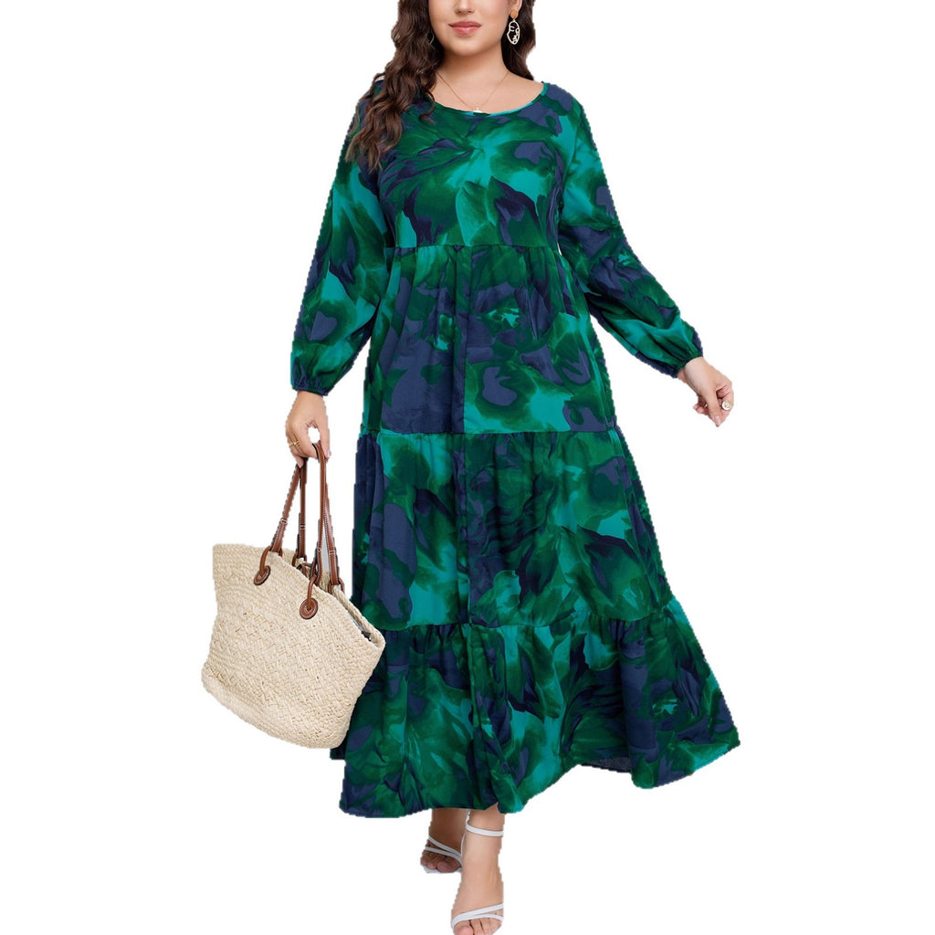 European & American Winter  V-Neck Printed Pleated Long-Sleeve Long Dress