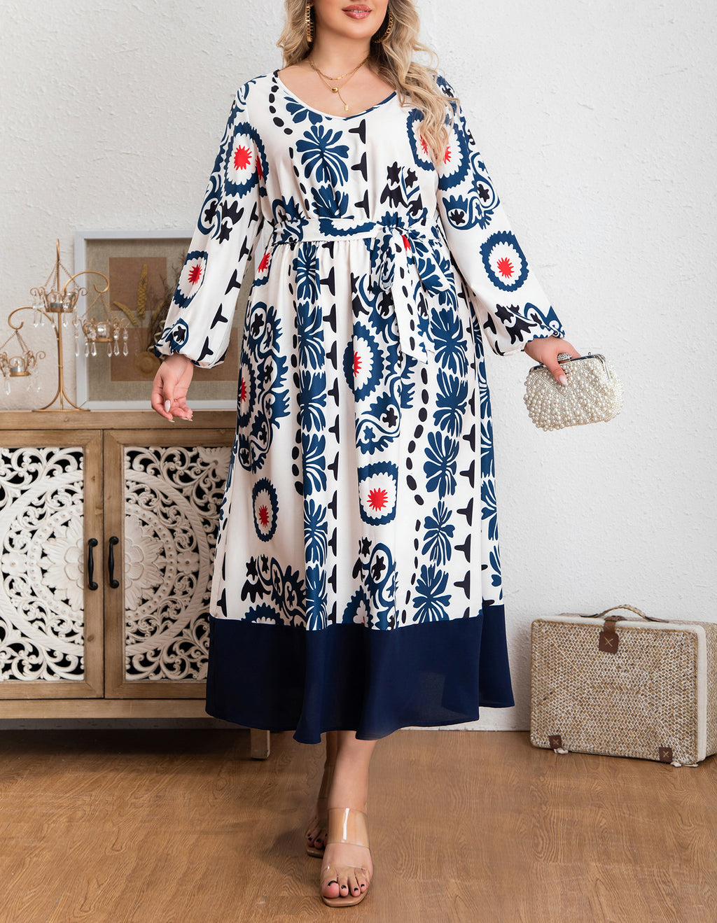 European & American Round-Neck Tie Lantern Long-Sleeve Printed  Dress
