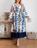 European & American Round-Neck Tie Lantern Long-Sleeve Printed  Dress