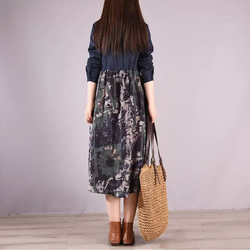 European & American   Mid-Length  Slim Printed Cotton and Linen  Dress
