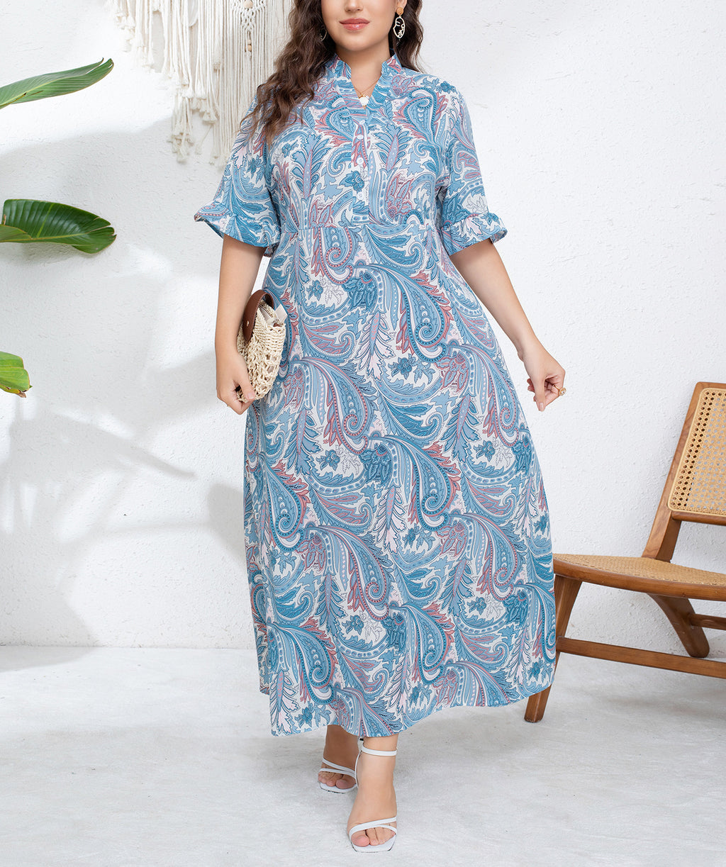 European & American Collar Short-Sleeved Lace-Up Waist Long Skirt