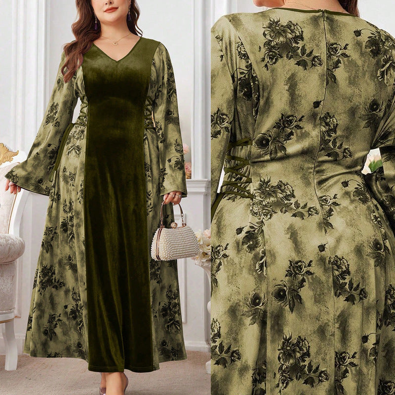 European & American Velvet Patchwork   Fashion Long Dress