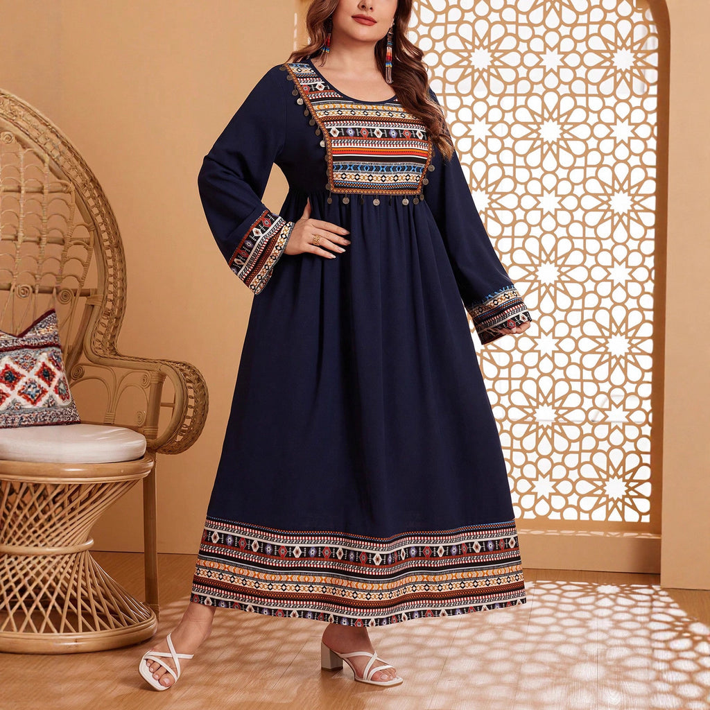 European & American Patchwork Flared Dress with Long Sleeves,
